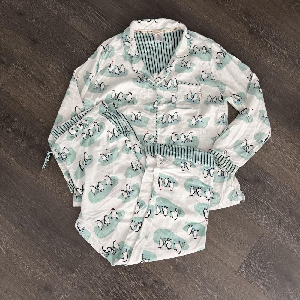 Munki Munki Women‎ 2XL Flannel Pajama White Blue Penguin Button Up Long Sleeve